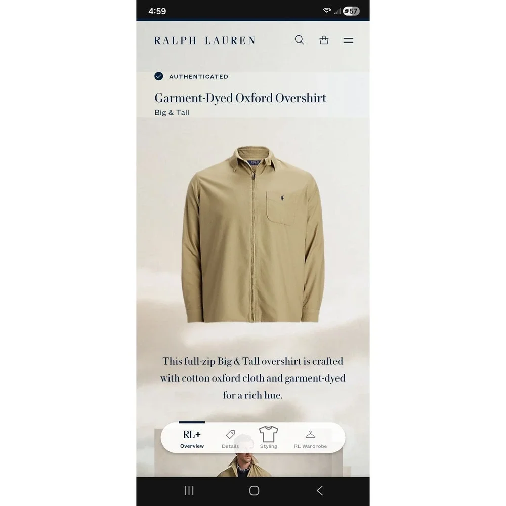 Polo Ralph Lauren Garment-Dyed Oxford Overshirt Mens 2XB Surrey Tan Full Zip New
